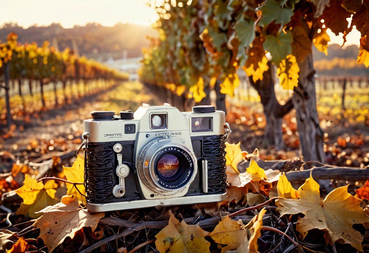 A rustic vineyard at sunset, featuring grapevines heavy with clusters of grapes. In the foreground, an antique film camera rests among fallen autumn leaves, with a soft focus effect highlighting the lens reflecting the vineyard. Warm golden light casts an enchanting glow, creating an atmosphere of nostalgia and artistry in winemaking. vintage photography style, warm color tones, natural lighting.