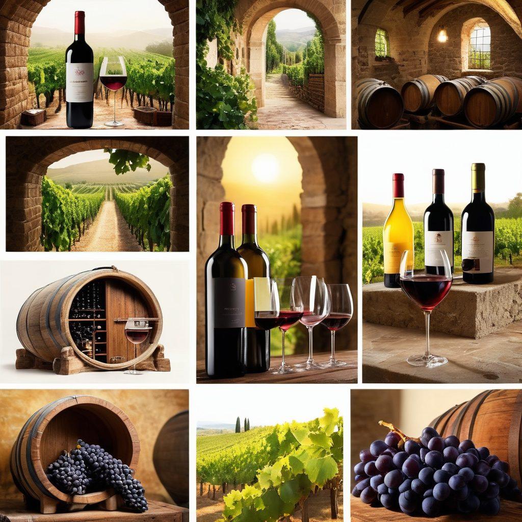 A vibrant collage showcasing the journey of fine wines: lush vineyards under the sun, close-up shots of grapes, elegant wine bottles in a rustic cellar, swirling wine in a crystal glass, and a beautiful art gallery display of wine photography. The atmosphere should evoke sophistication and passion for fine wines. super-realistic. vibrant colors. white background.