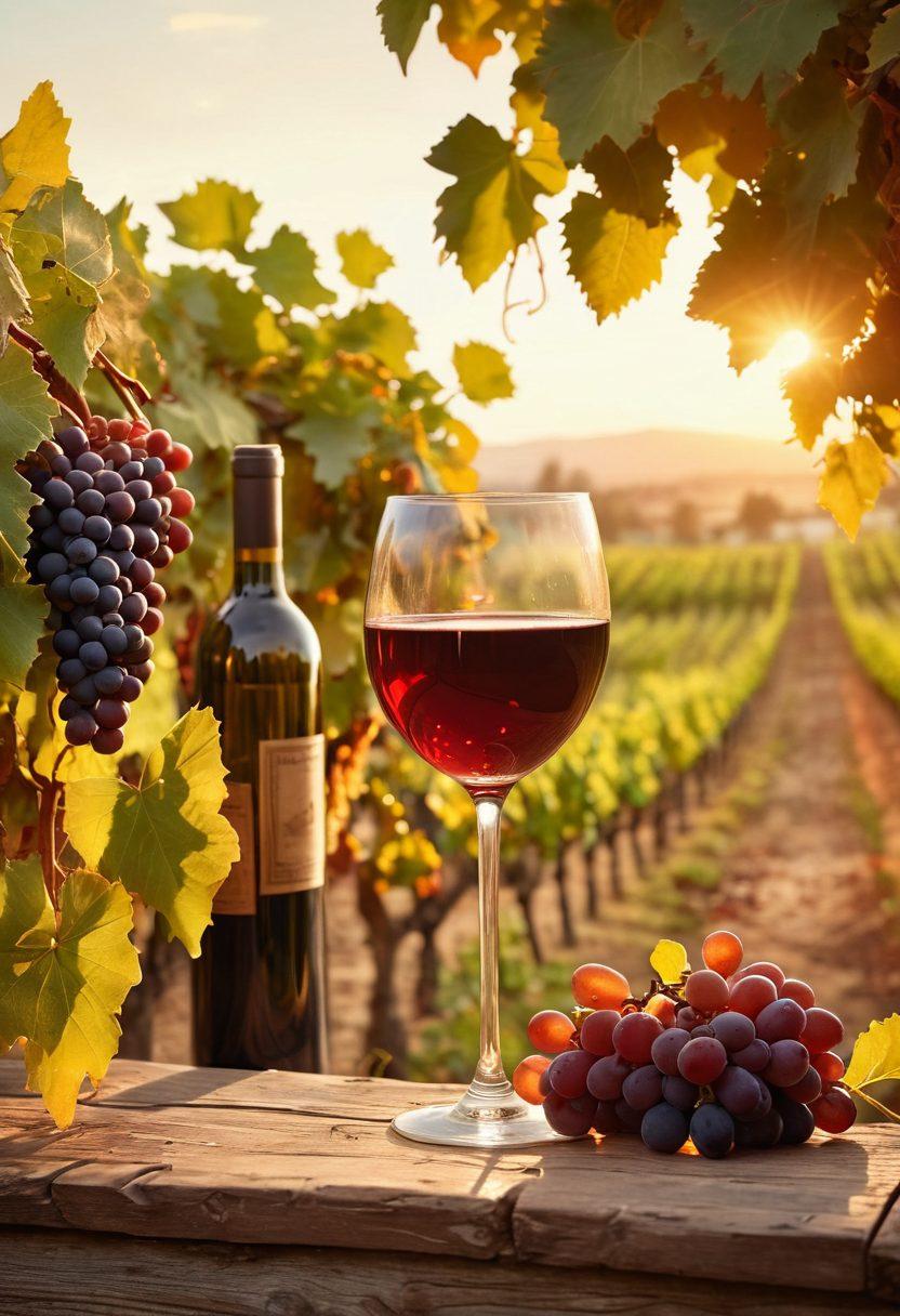 A rustic vineyard scene at sunset, featuring an old-fashioned camera capturing a glass of rich red wine, with grapevines in the background, soft golden light illuminating the grapes, and vintage filters subtly enhancing the colors. The atmosphere should evoke nostalgia and warmth, reminiscent of classic wine-making heritage. painting. warm colors. vintage style.